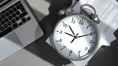 Close up of alarm clock and laptop on the table. Time management concept