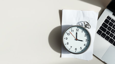 Clock, laptop and paper note on white background. Time management conceptの写真素材