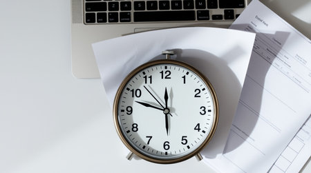 Alarm clock and laptop on white background. Time management concept.