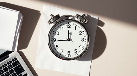 Alarm clock and laptop on a beige background, top view
