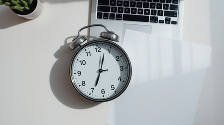 White office desk table with laptop, coffee cup and clock. Top view with copy spaceの写真素材