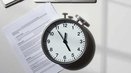 Alarm clock and document on office desk. Time management concept.