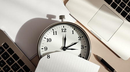 Top view of modern workplace with alarm clock, laptop, notebook and pen