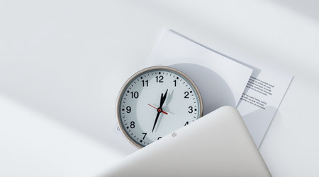 Close-up of alarm clock and sheets of paper on white background