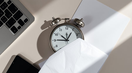 Workplace with laptop, mobile phone and alarm clock on the table