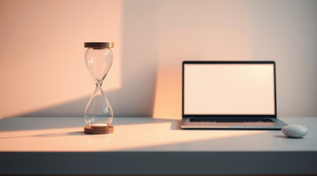 Laptop and hourglass on white table. 3d rendering.