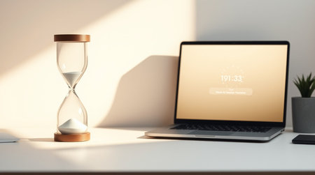 Laptop with hourglass on table. Time management concept. 3D Rendering