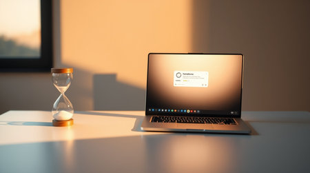 Laptop with hourglass on table in office at sunset. 3d rendering.