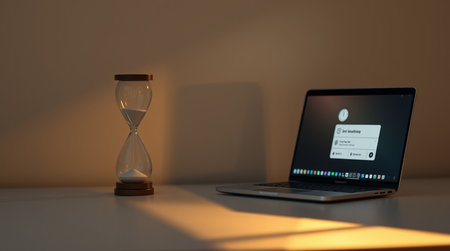 Laptop with blank screen and hourglass on the table. 3d rendering.の写真素材