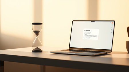 Laptop on table with hourglass in office, 3d render