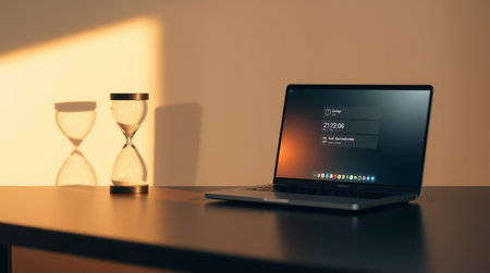 Laptop with hourglass on table. Concept of time management.