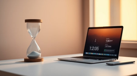 Laptop with hourglass on white table. Concept of time management