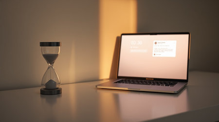 Laptop with hourglass on the table. 3d rendering.の写真素材