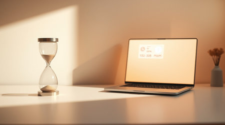 Laptop and hourglass on white table. 3d rendering.