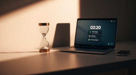 Laptop with hourglass on table in sunlight. Concept of time management