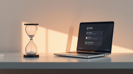 Laptop with hourglass on table. Time management concept. 3d rendering.