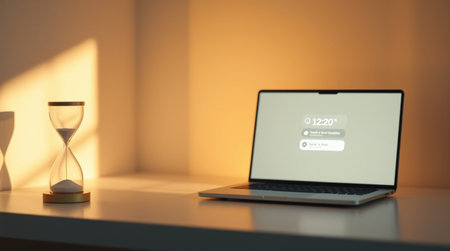 Laptop with web browser window on table. Concept of time management