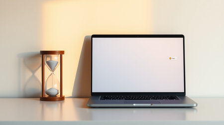 Laptop with blank screen and hourglass on white table. Time management conceptの写真素材