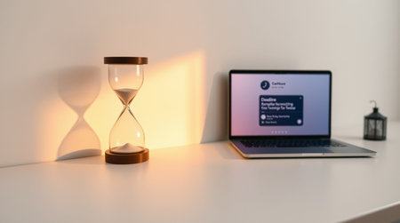 Laptop with blank screen and hourglass on white table in officeの写真素材