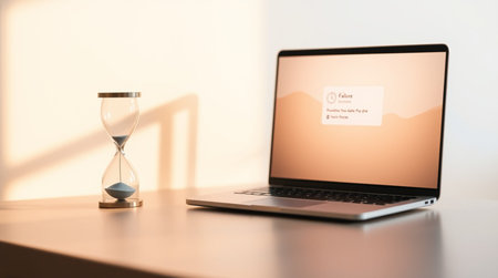 Laptop with blank screen and hourglass on table. Time management conceptの写真素材