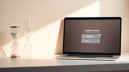 Close up of laptop with login form on screen and hourglass on table