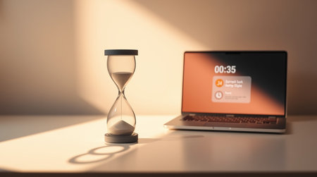 Laptop with hourglass on the table. Concept of time management