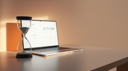 Laptop and hourglass on table in office. 3d rendering