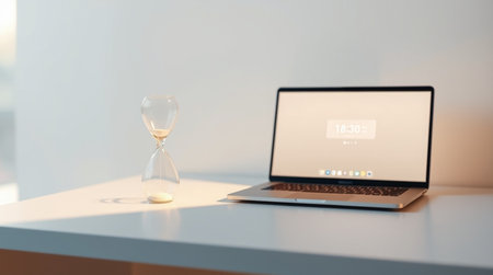 Laptop with hourglass on table in office, time management concept