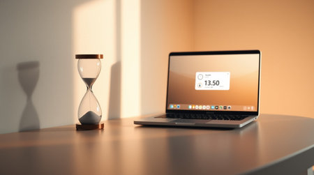 Laptop and hourglass on table. Concept of time management.