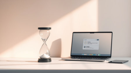 Laptop with hourglass on table in office, time management concept