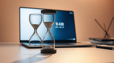 Hourglass and laptop on the table. Time management concept. 3D Renderingの写真素材