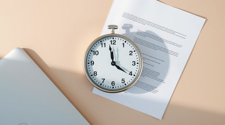 3d rendering of alarm clock and contract paper on beige background