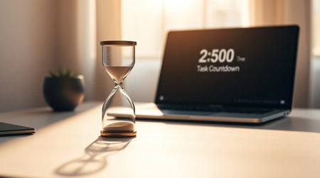 Hourglass on the table with laptop. Concept of time management.