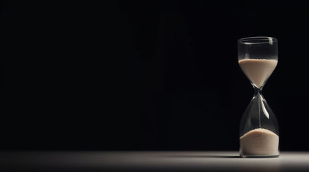 Hourglass with sand on a black background. Concept of time passing.