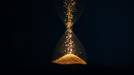 Hourglass with golden sparks on black background. Concept of time passing.の写真素材