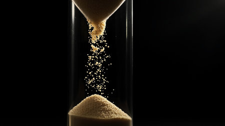 Hourglass with flowing sand on black background. Concept of time passing.