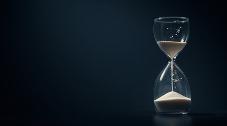 Hourglass with flowing sand on dark background. Time management concept.
