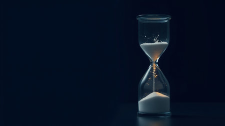 Hourglass with flowing sand on dark background. Concept of time and deadline.