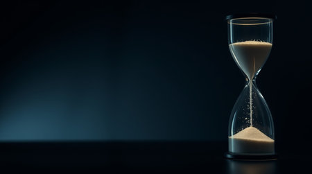 Hourglass with flowing sand on black background. Concept of time passing.