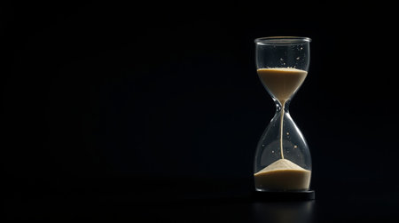 Hourglass with flowing sand on black background. Concept of time passing.の写真素材