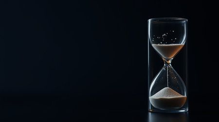 Hourglass on black background with copy space. Time management concept.