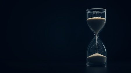 Hourglass on black background with copy space. Time management concept.