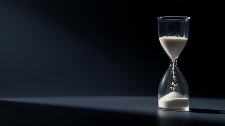 Hourglass with sand on a black background. Time passing concept.
