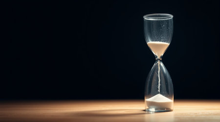 Hourglass with sand on a wooden table. Concept of time passing.