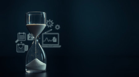 Hourglass with business icons on dark background. Time management concept.