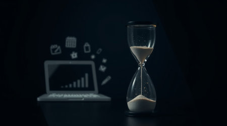 Hourglass and laptop on black background. Concept of time management.