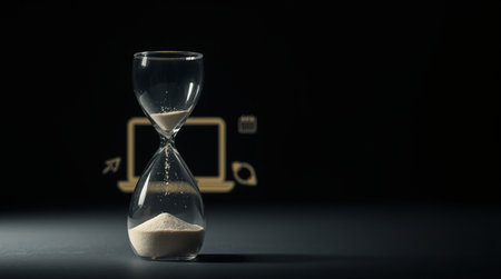 Hourglass with sand on black background. Concept of time passing.の写真素材