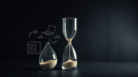 Hourglass and computer on dark background. Time management concept. 3D Rendering