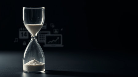 Hourglass with white sand on dark background. Time management concept.