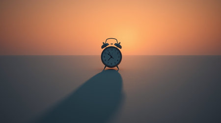 3d rendering of an alarm clock on a sunset background with shadow